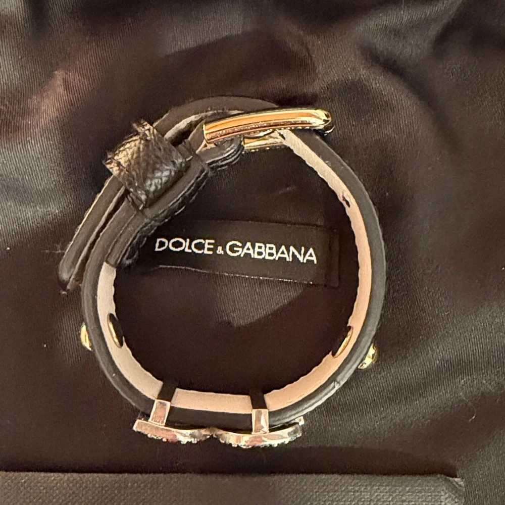 Dolce & Gabbana Crystal DG Logo Black Leather Bracelet